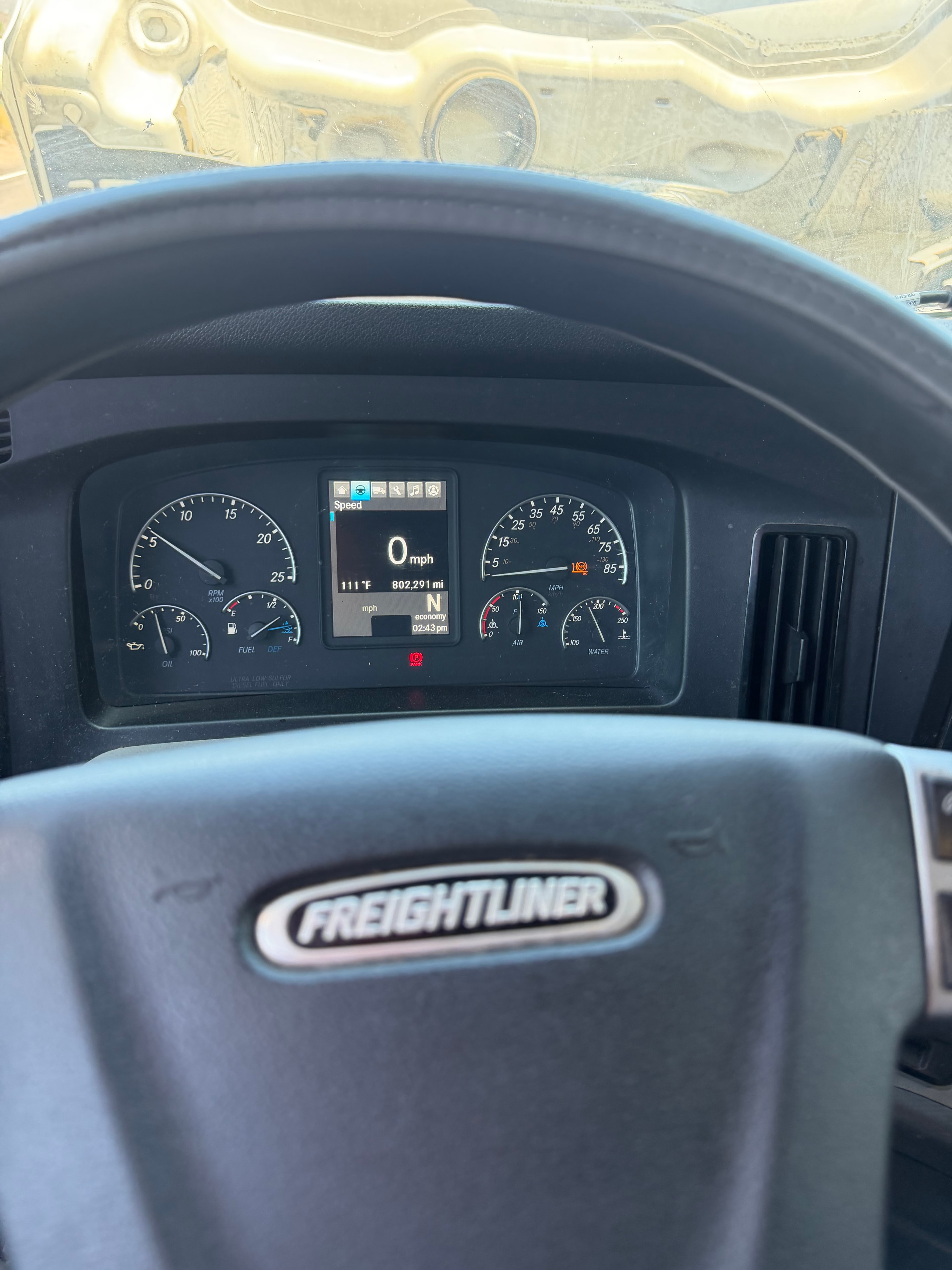 Freightliner Cascadia dashboard cleared after coolant level sensor replacement — engine protection fault resolved, truck running normally at 111°F ambient temperature in Mesa AZ by RoadWrench mobile diesel mechanic